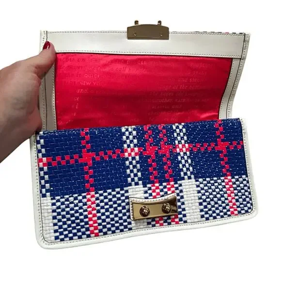 Kate spade clutch purse with dustbag blue white pink woven plaid front flap chic
